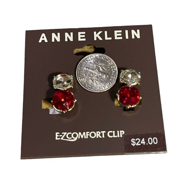 NWT Anne Klein Red Gold Tone Princess Oval Button Siam Crystal Clip Earrings - Picture 3 of 4